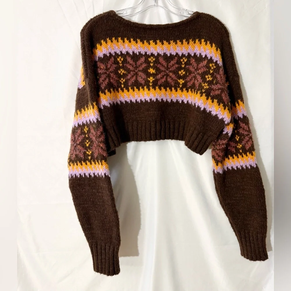 Urban Outfitters Turner Ultra Cropped Relaxed Fairisle Sweater In Brown Size SP